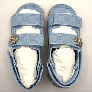 NEW NIB Gucci GG Marmont Logo Blue Canvas Monogram Platform Dad Strap Sandals